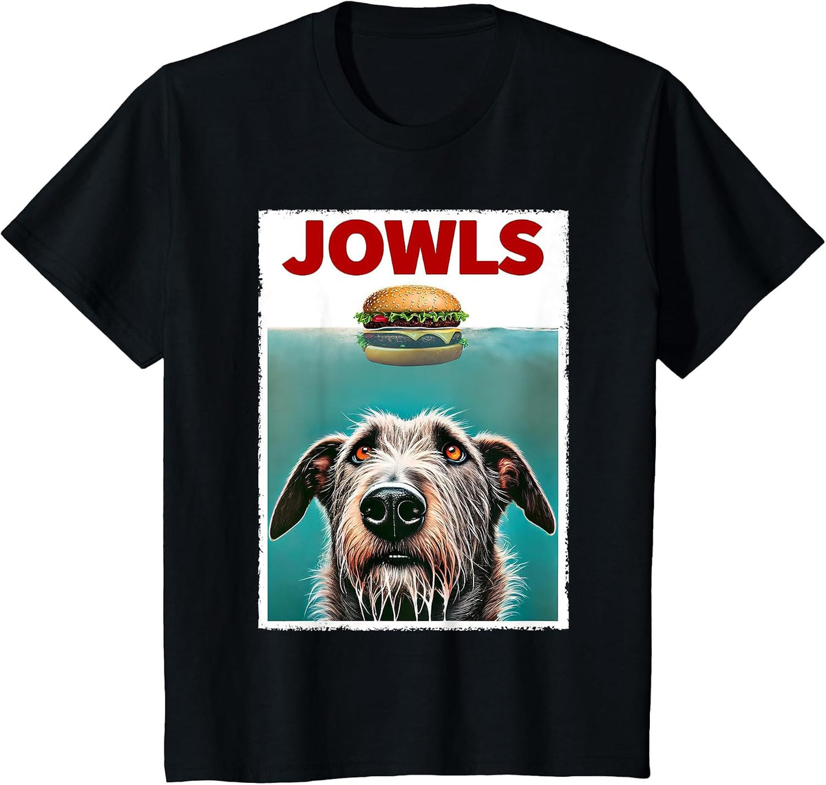 Funny Irish Wolfhound and Hamburger Parody Jowls Dog Lover T-Shirt - Black