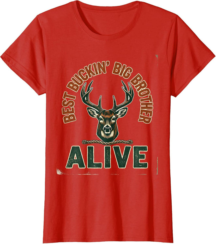Women's Best Buckin' Big Brother Alive Vintage Hunting Dad Gift T-Shirt - Red