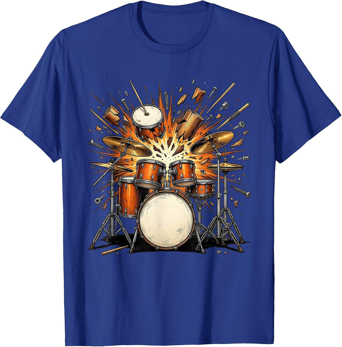 Exploding Drum Kit Shrapnel Illustration T-Shirt - Royal Blue