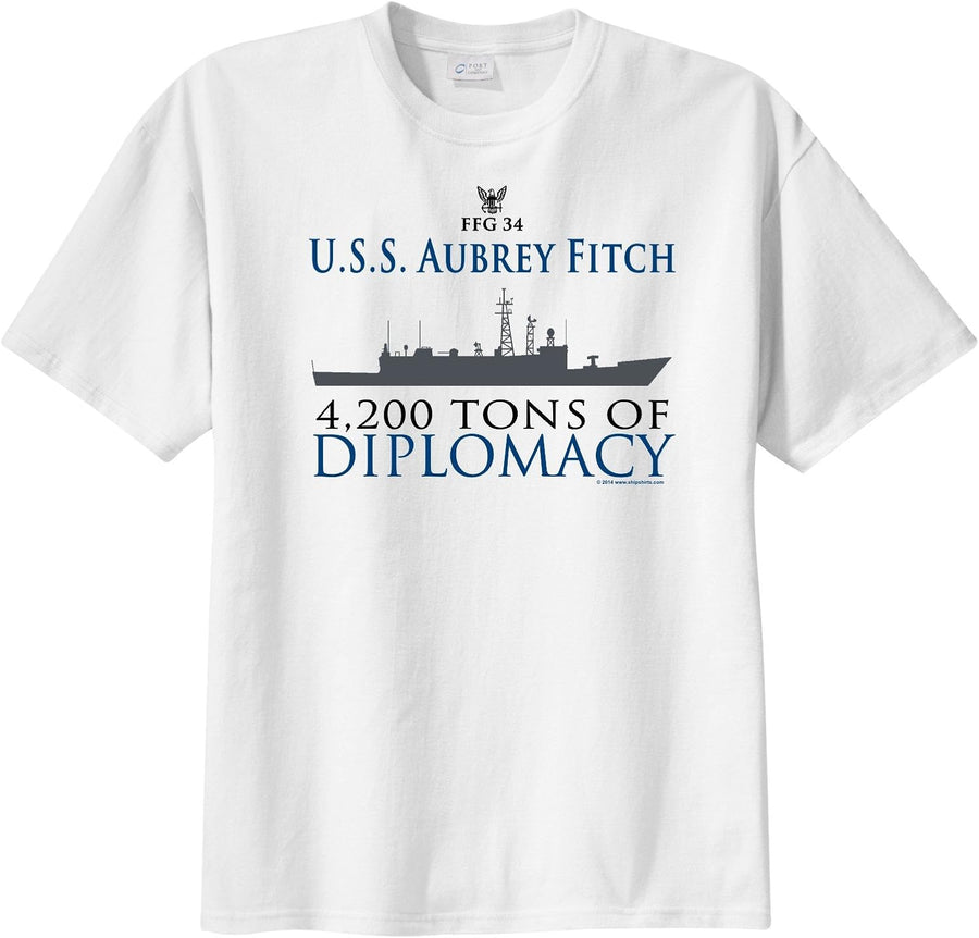 ShipShirts Men's FFG 34 USS Aubrey Fitch 4,200 tons of Diplomacy Short Sleeve T-Shirt - White