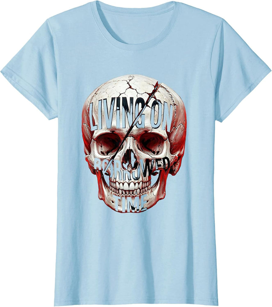 Women's Living on Borrowed Time Skull Graphic Design T-Shirt - Baby Blue