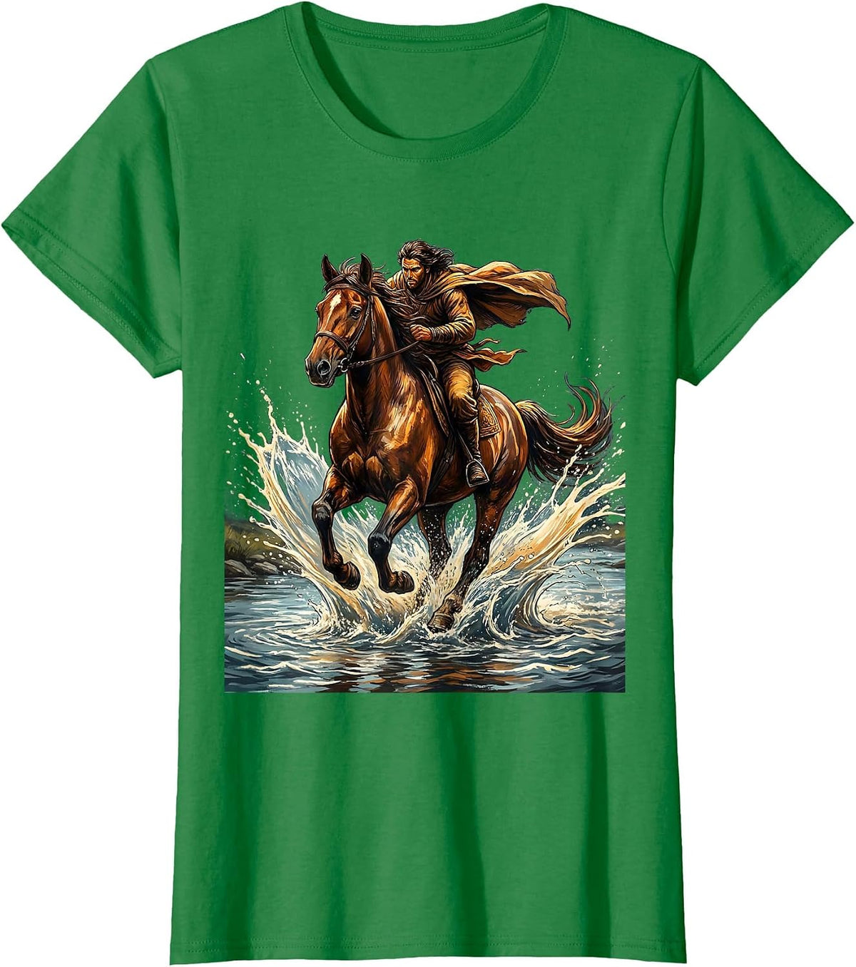 Horse and Rider River Crossing Illustration T-Shirt - Kelly Green