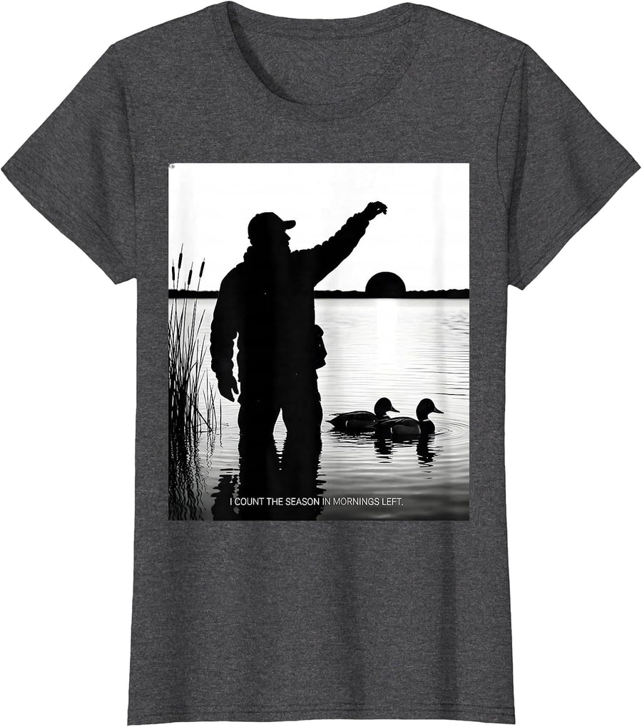 Women's I Count The Season In Mornings Left Rustic Duck Hunter Camo T-Shirt - Dark Heather Grey