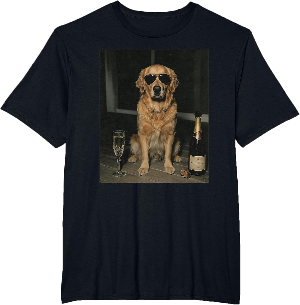 Funny Golden Retriever Drinking Champagne Meme Graphic T-Shirt - Black