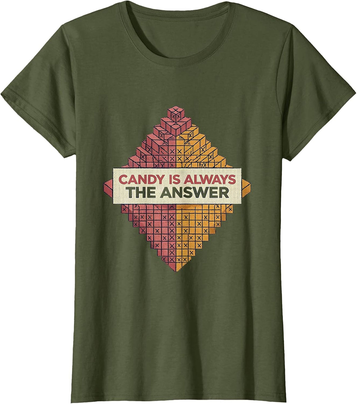 Women's Candy Is Always The Answer Sweet Tooth Design T-Shirt - Olive Green
