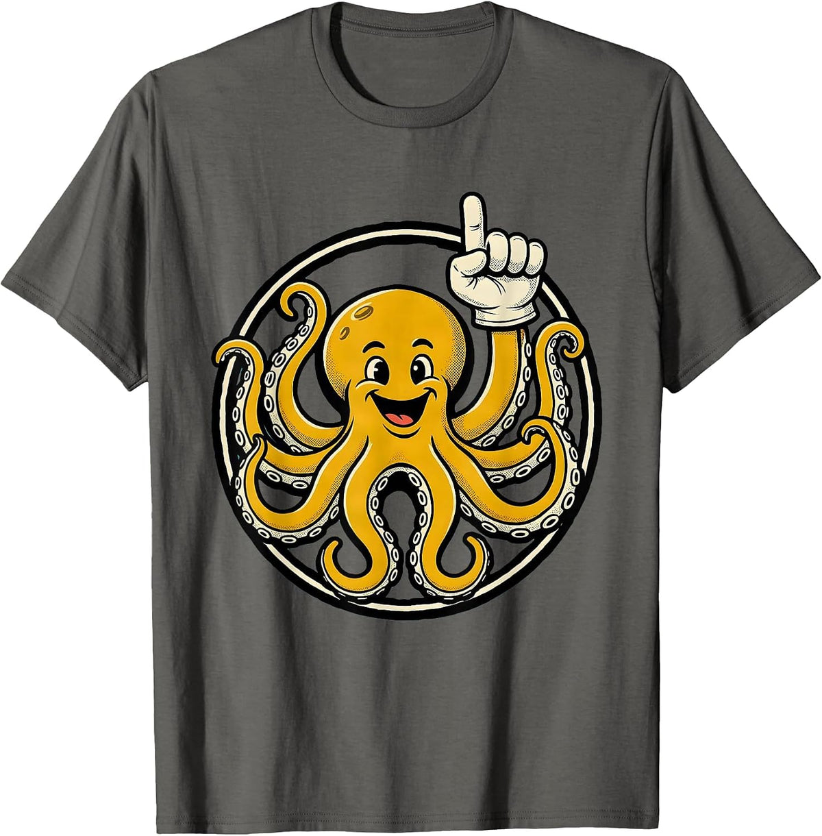Men's Octopus Badge Retro Cartoon Ocean Animal Lover T-Shirt - Asphalt Grey
