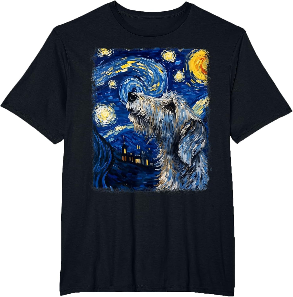 Irish Wolfhound Dog Starry Night Painting T-Shirt - Black