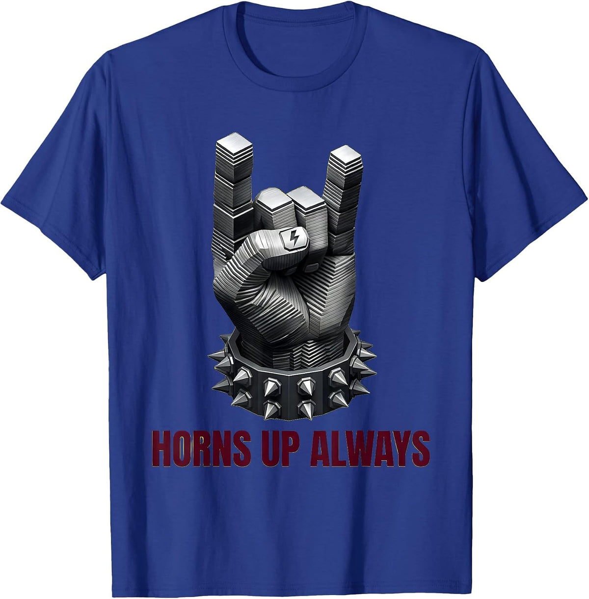 Horns Up Always Heavy Metal Graphic Design T-Shirt - Royal Blue