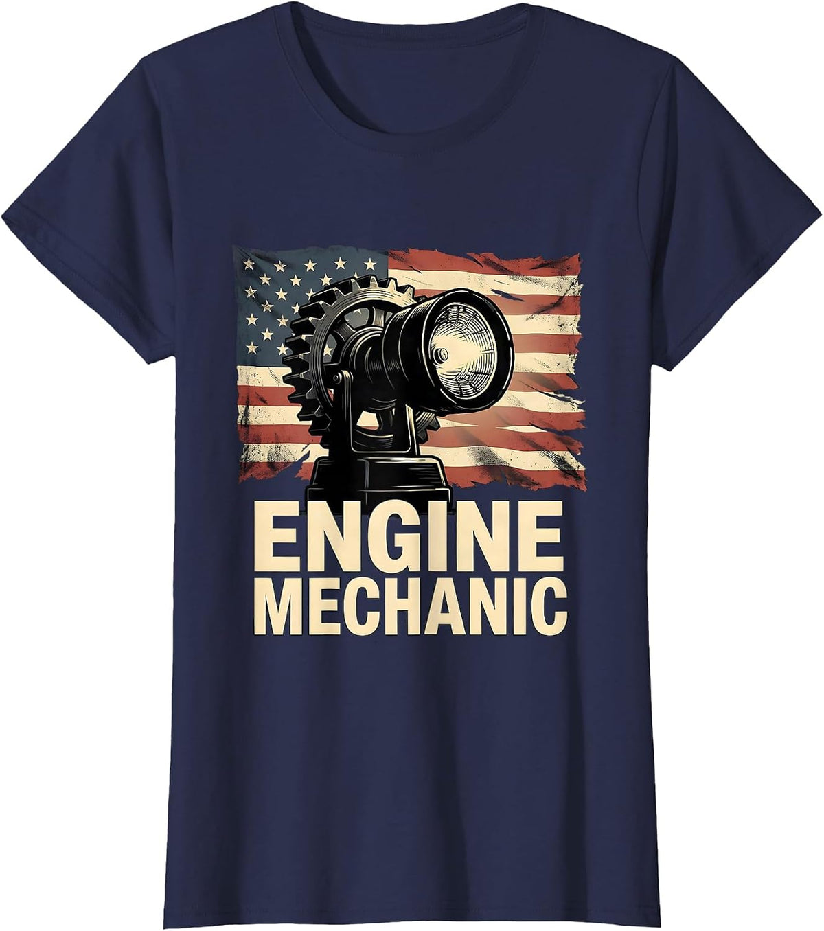 Women's Engine Mechanic Distressed Flag American Worker Patriotic T-Shirt - Navy Blue