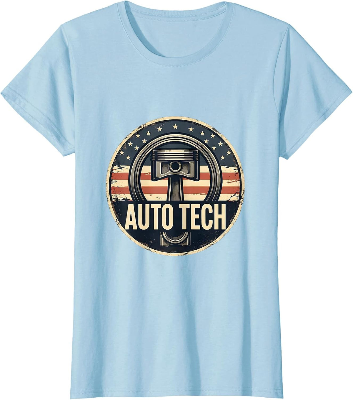 Women's Auto Tech Distressed American Flag Mechanic Oilfield Worker T-Shirt - Baby Blue