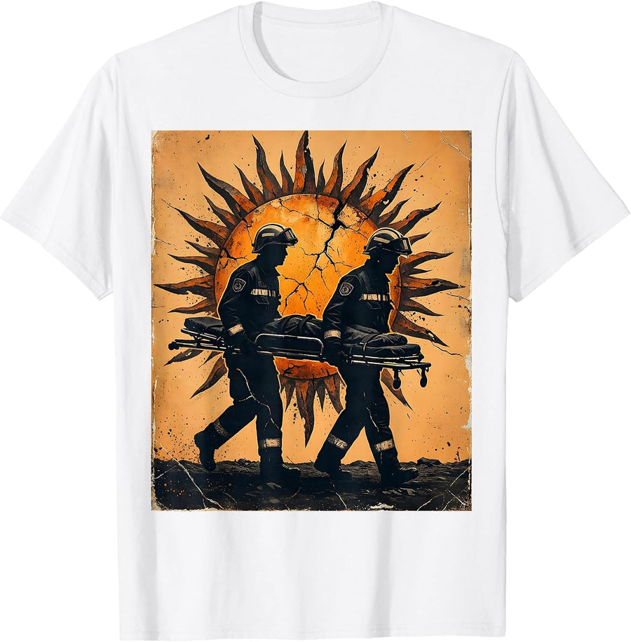 Men's EMT Paramedic Silhouette Sunset Stretcher Design T-Shirt - White