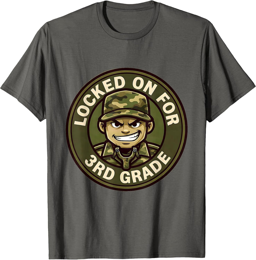 Locked On For 3rd Grade Camo Back To School Boy Teacher T-Shirt - Asphalt Grey