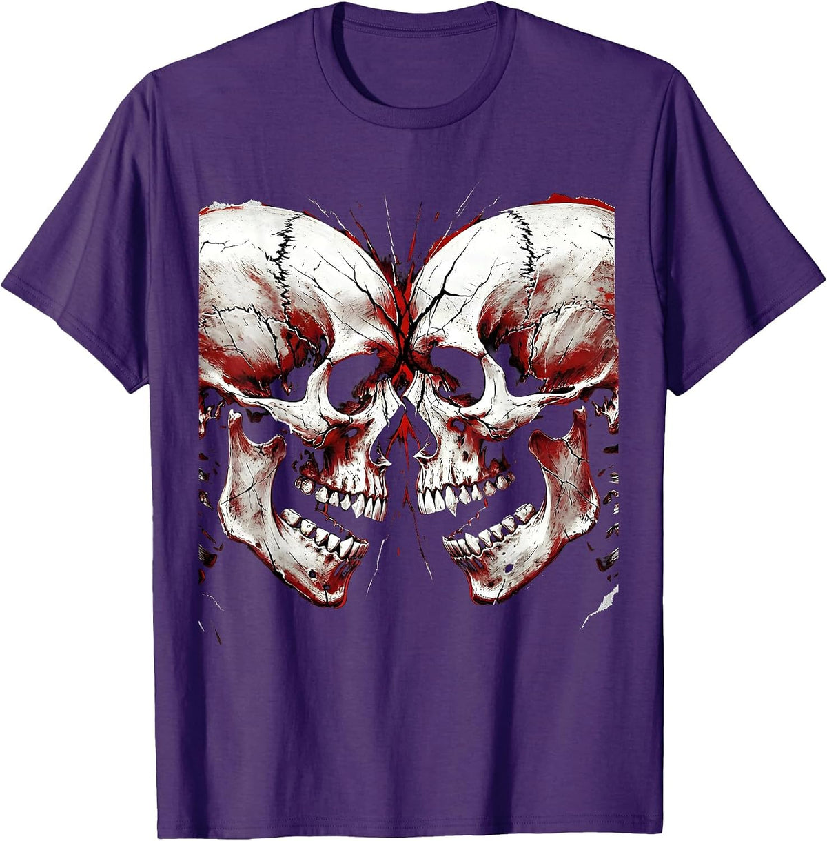 Dual Skulls Facing Foreheads Together Graphic T-Shirt - Purple
