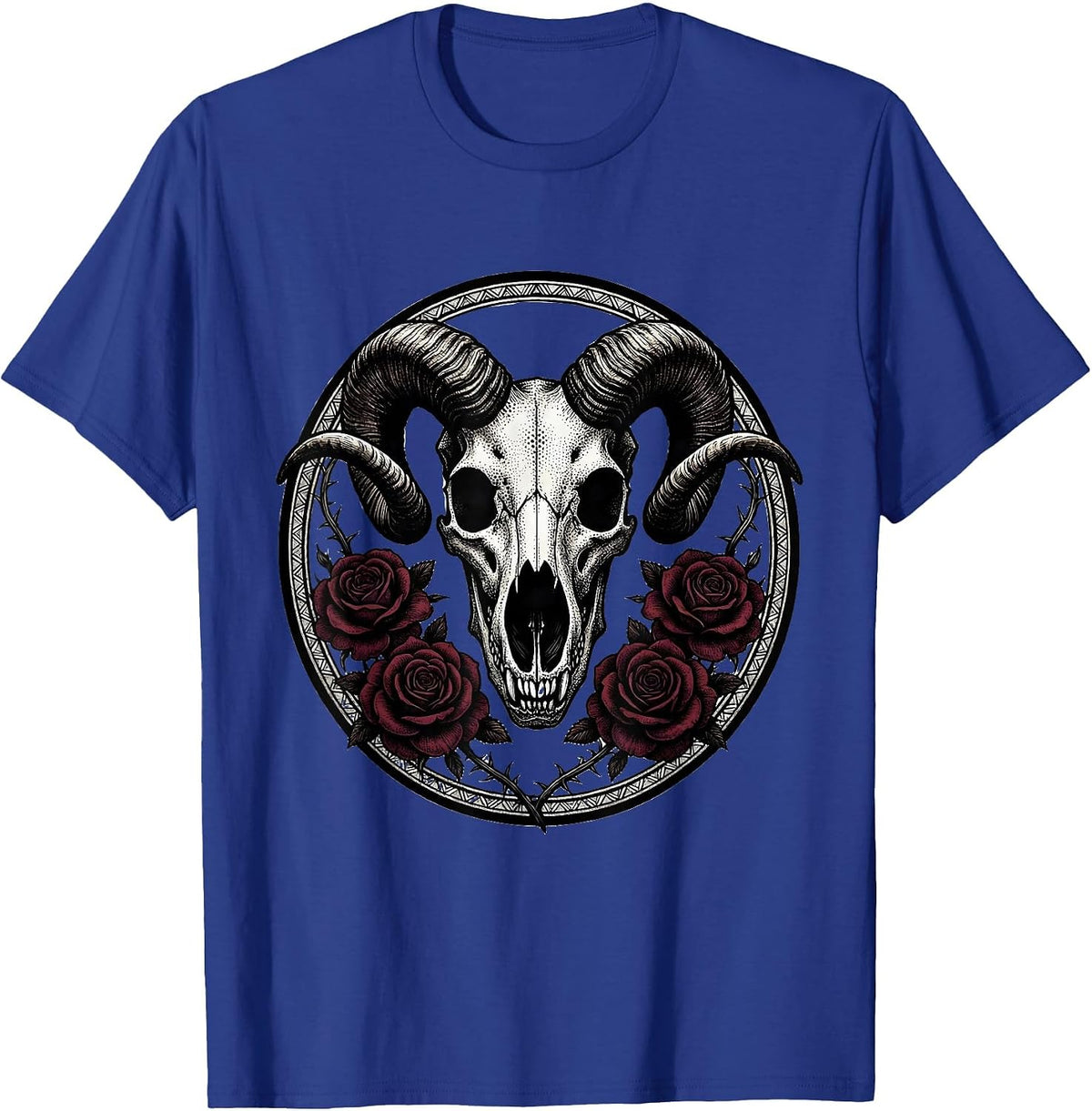 Wolf Skull Ram Horns Roses Halloween Graphic T-Shirt - Royal Blue