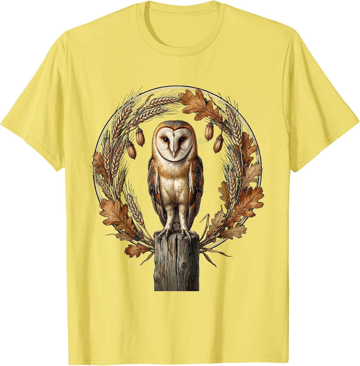 Men's Thanksgiving Barn Owl on Fence Post Illustration T-Shirt - Lemon Yellow