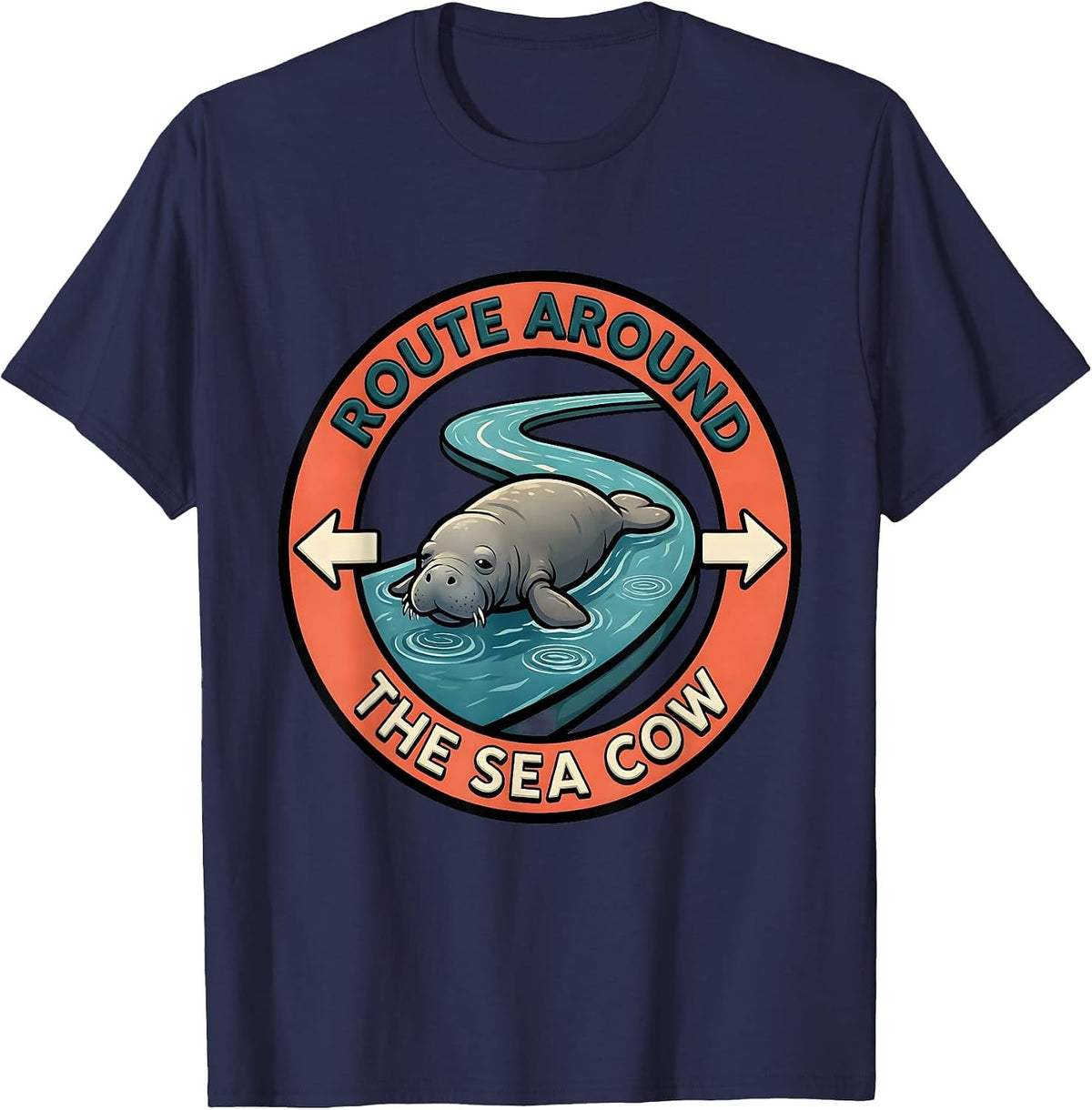 Men's Route Around The Sea Cow Cartoon Manatee Wildlife Lover T-Shirt - Navy Blue