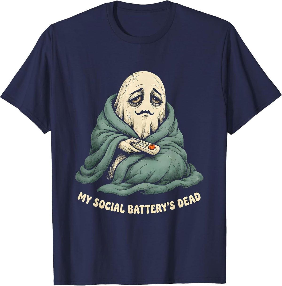 Men's MY SOCIAL BATTERY'S DEAD Funny Introvert Halloween T-Shirt - Navy Blue