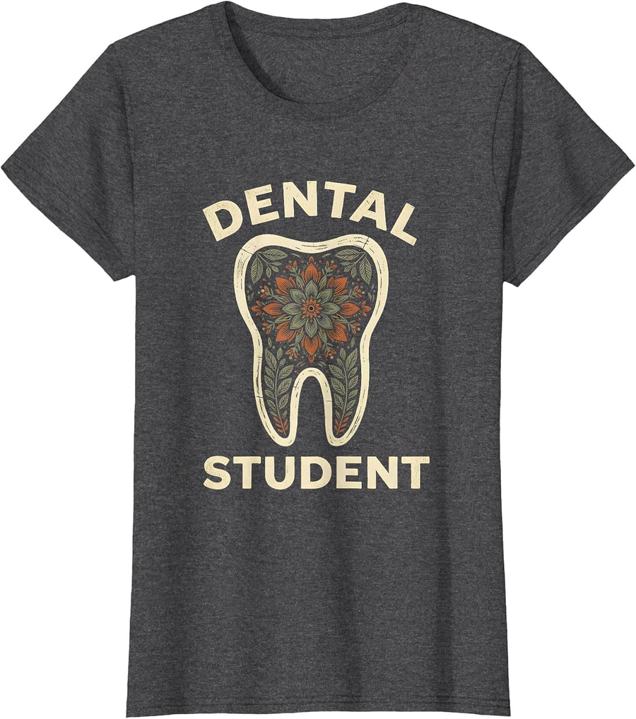 Women's Dental Student Boho Folk Floral Dental Hygienist Humor T-Shirt - Dark Heather Grey