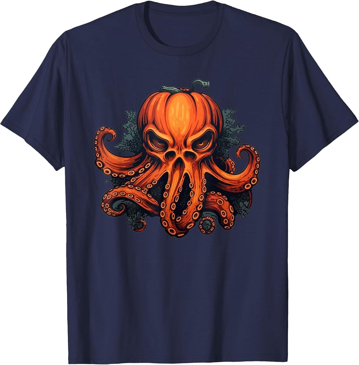 Octoween Spooky Octopus Skull Witch Pumpkin Funny Halloween T-Shirt - Navy Blue