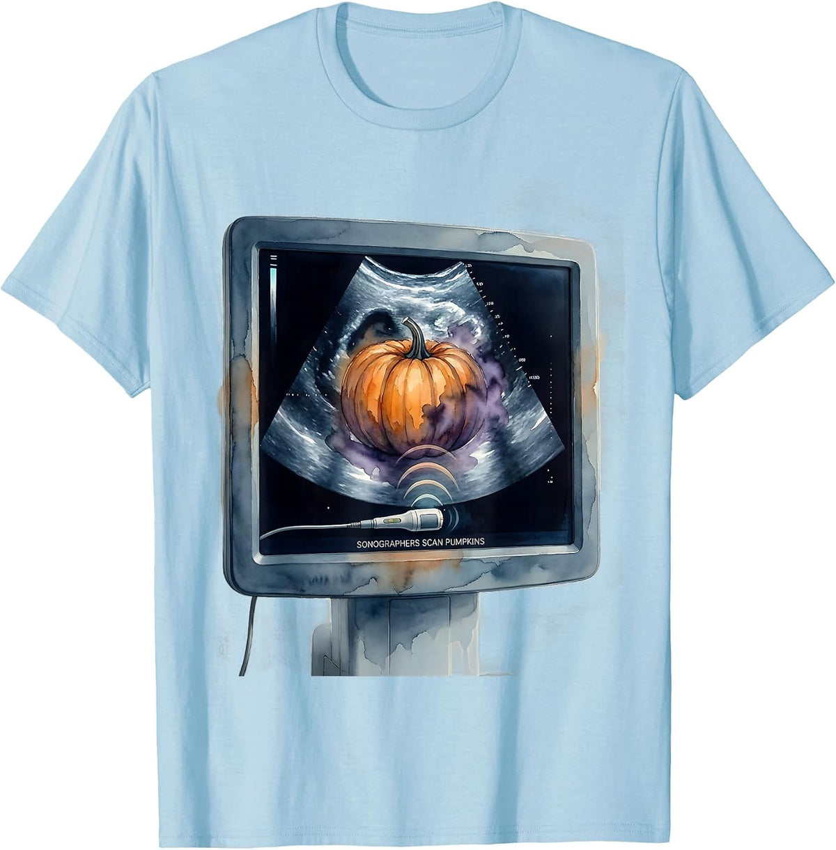 Sonographers Scan Pumpkins Watercolor Halloween Radiology T-Shirt - Baby Blue