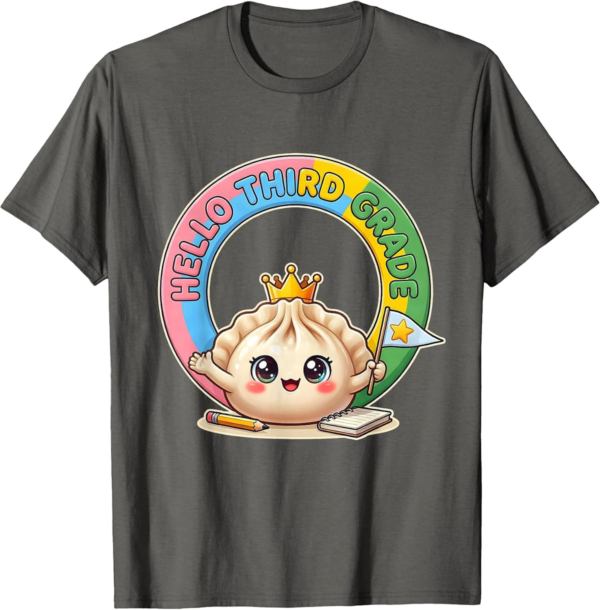 Hello Third Grade Cute Dumpling Back to School Girl Teacher T-Shirt - Asphalt Grey