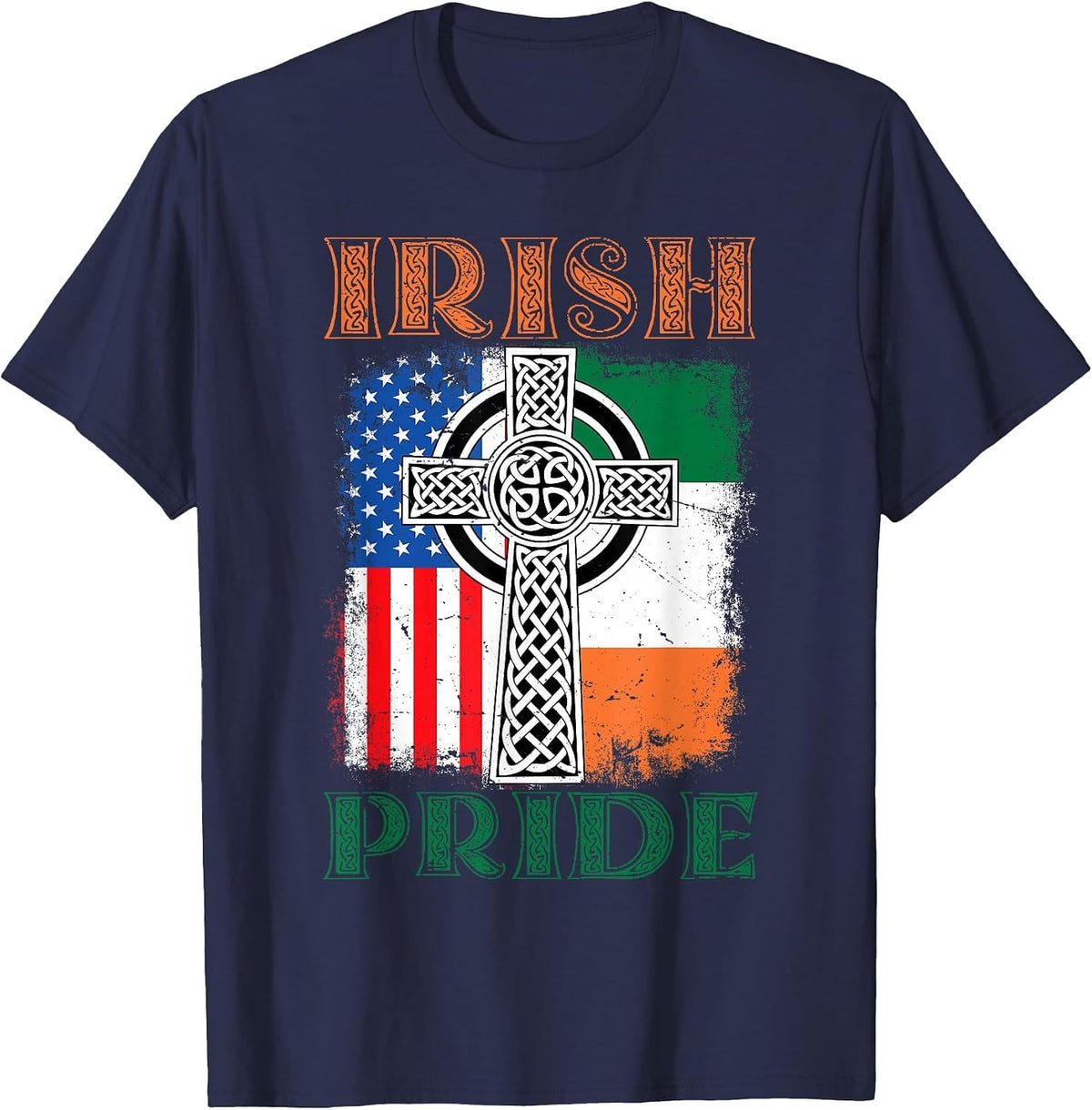 Irish Pride Celtic Cross Ireland & USA Flag St Patricks Day T-Shirt - Navy Blue