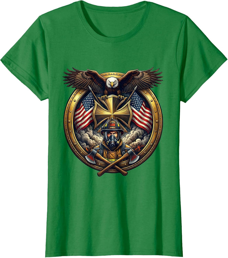 Women's Firefighter Emerging From Smoke Oxygen Mask T-Shirt - Kelly Green
