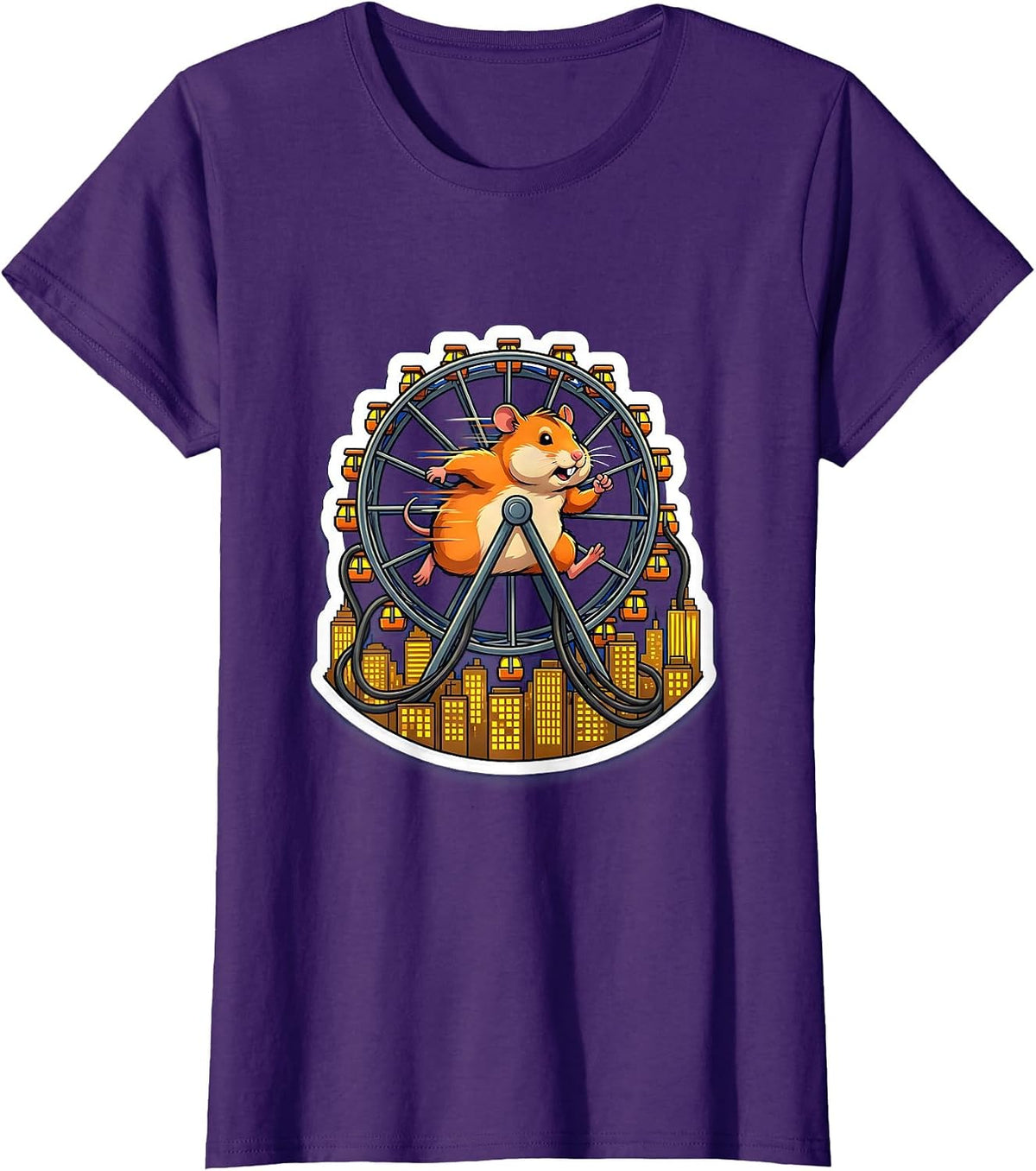 Women's Hamster Wheel Powers City Funny Meme Graphic T-Shirt - Purple