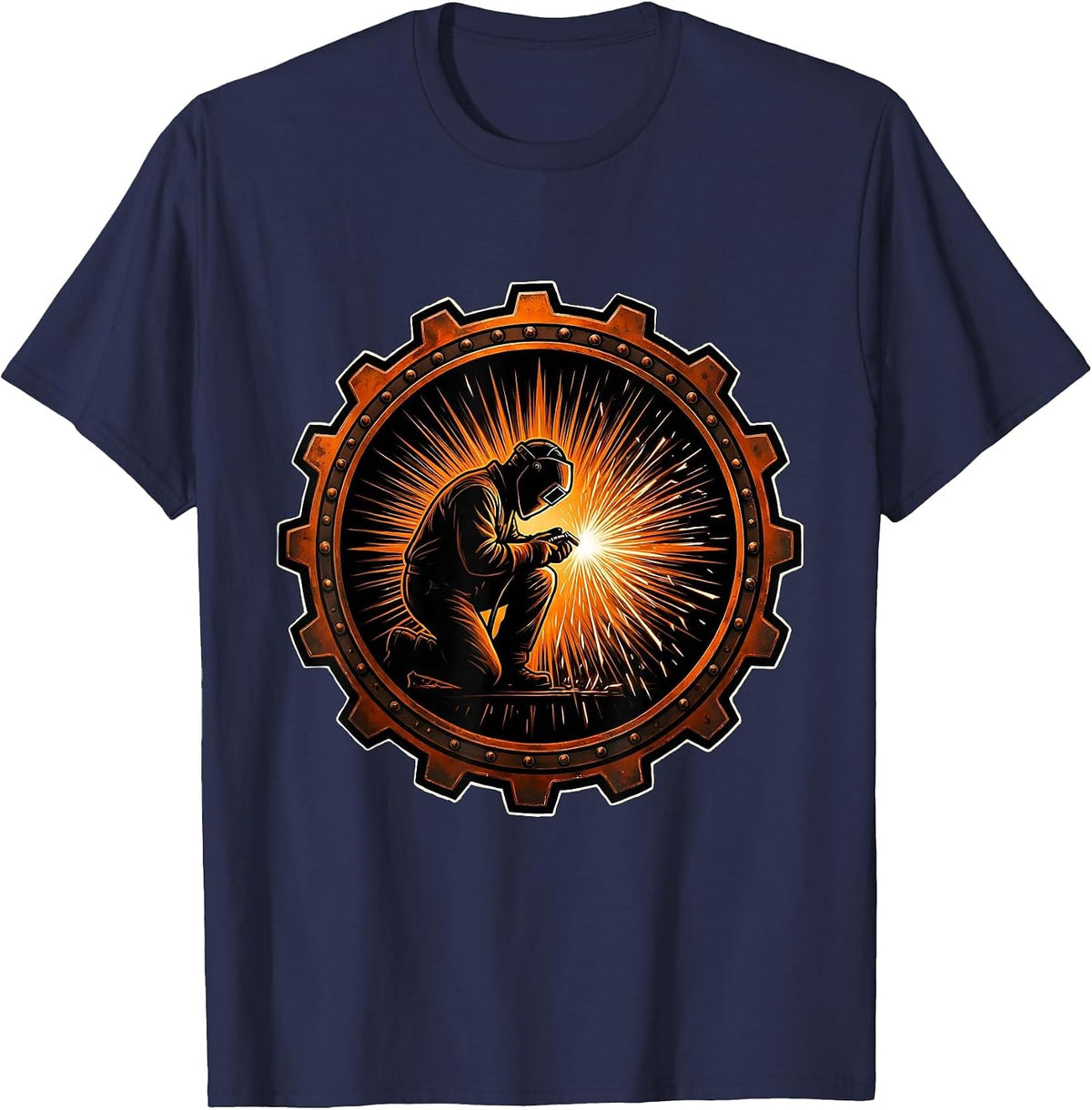 Welder Silhouette Giant Orange Spark Burst T-Shirt - Navy Blue
