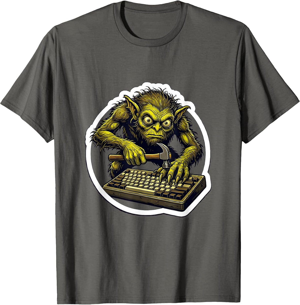 Furious Gremlin Typing on Old Keyboard Graphic T-Shirt - Asphalt Grey