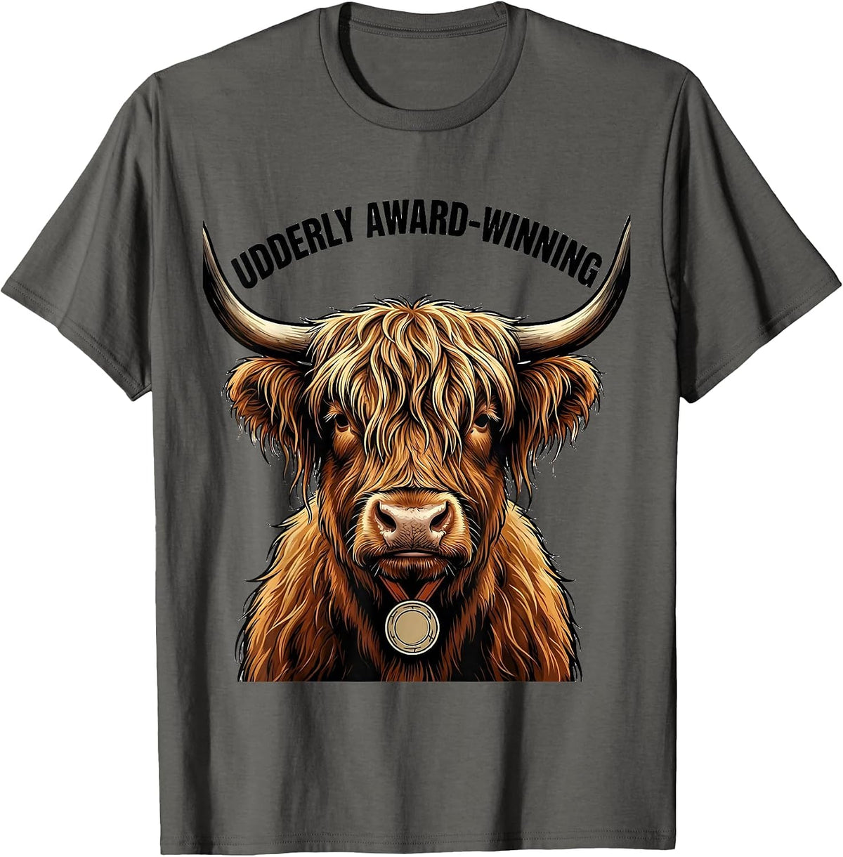 Men's Udderly Award-Winning Funny Highland Cow Animal Lover Humor T-Shirt - Asphalt Grey