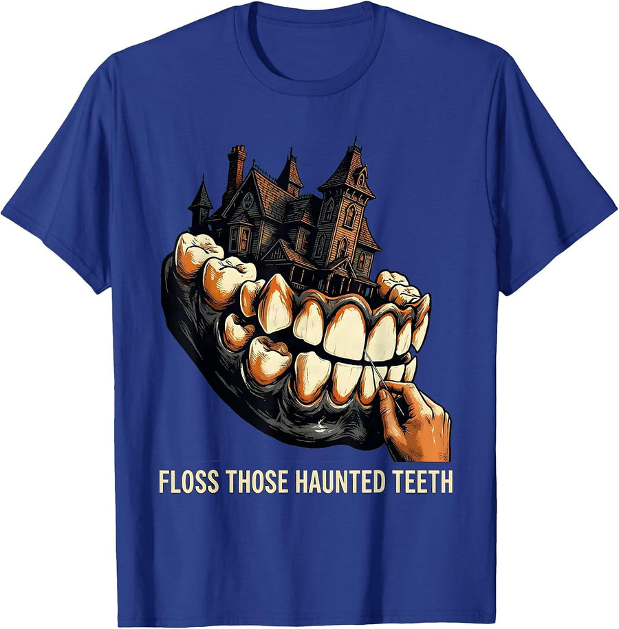 Floss Those Haunted Teeth Funny Dental Hygienist Halloween T-Shirt - Royal Blue