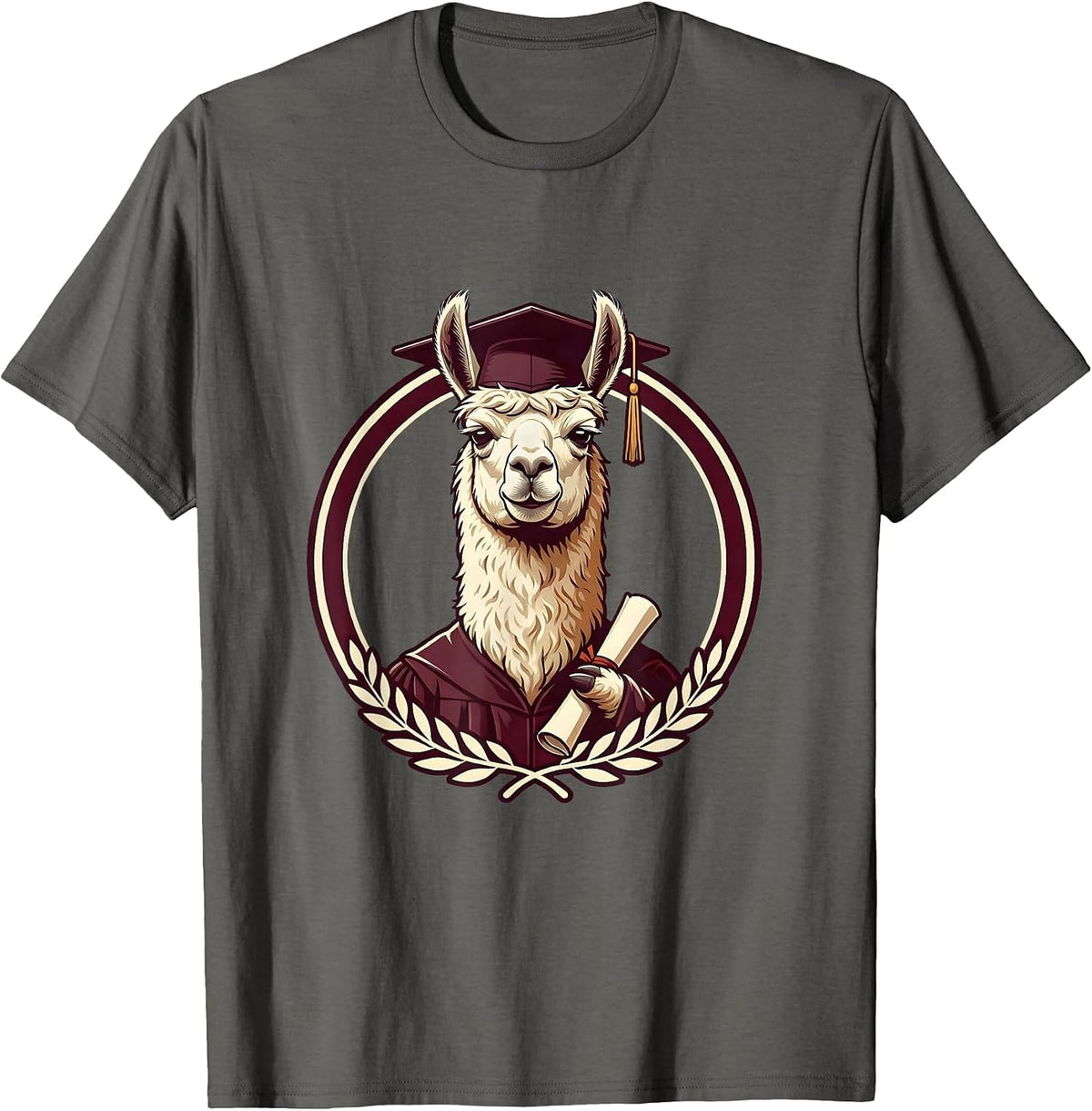 Funny Llama Graduation Cap and Gown Illustration T-Shirt - Asphalt Grey