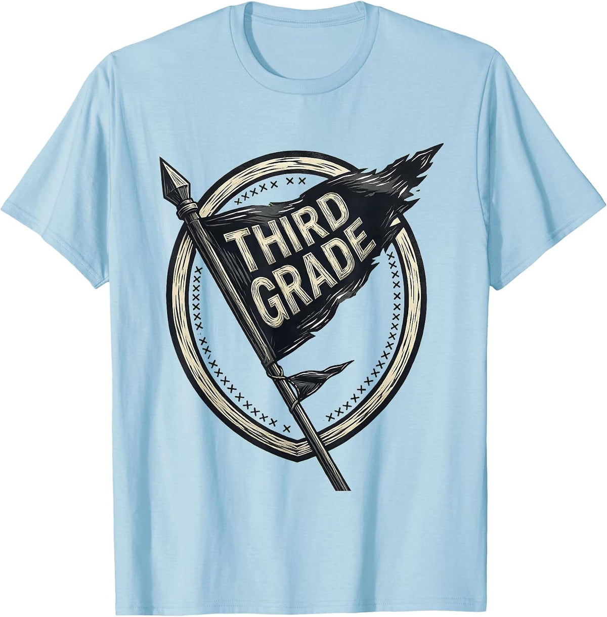 Men's Third Grade Linocut Shield Pennant Back to School Teacher T-Shirt - Baby Blue