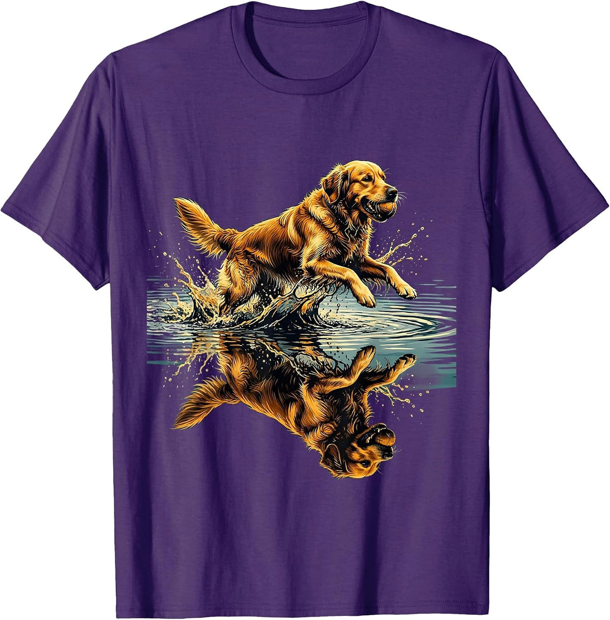 Golden Retriever Fetching Tennis Ball in River T-Shirt - Purple