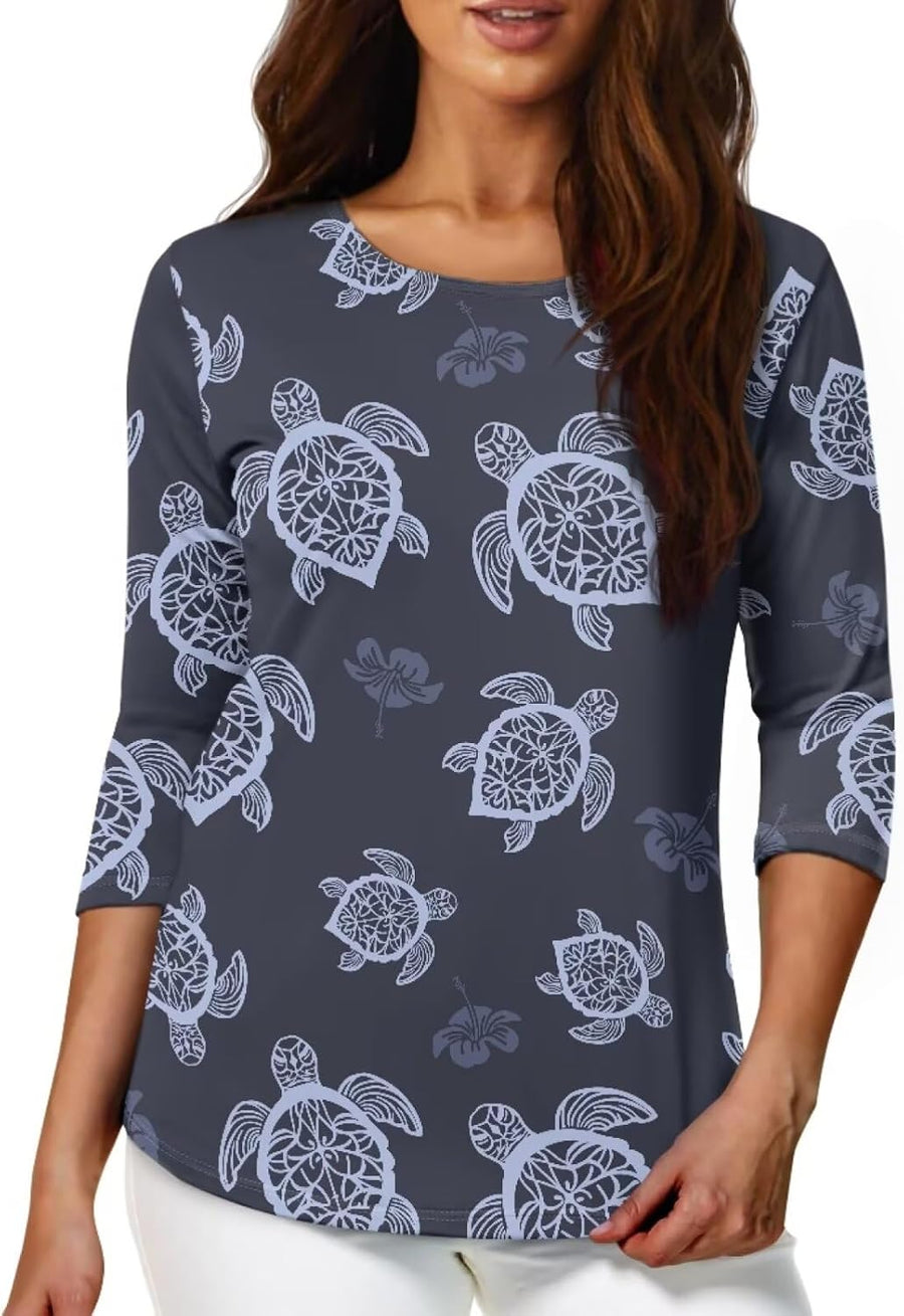 Casual Comfy 3/4 Sleeve Tops for Women Loose Fit Tee Tops with Round Neck Spring Womens Tee Shirts for Fall Daily - Blue Sea