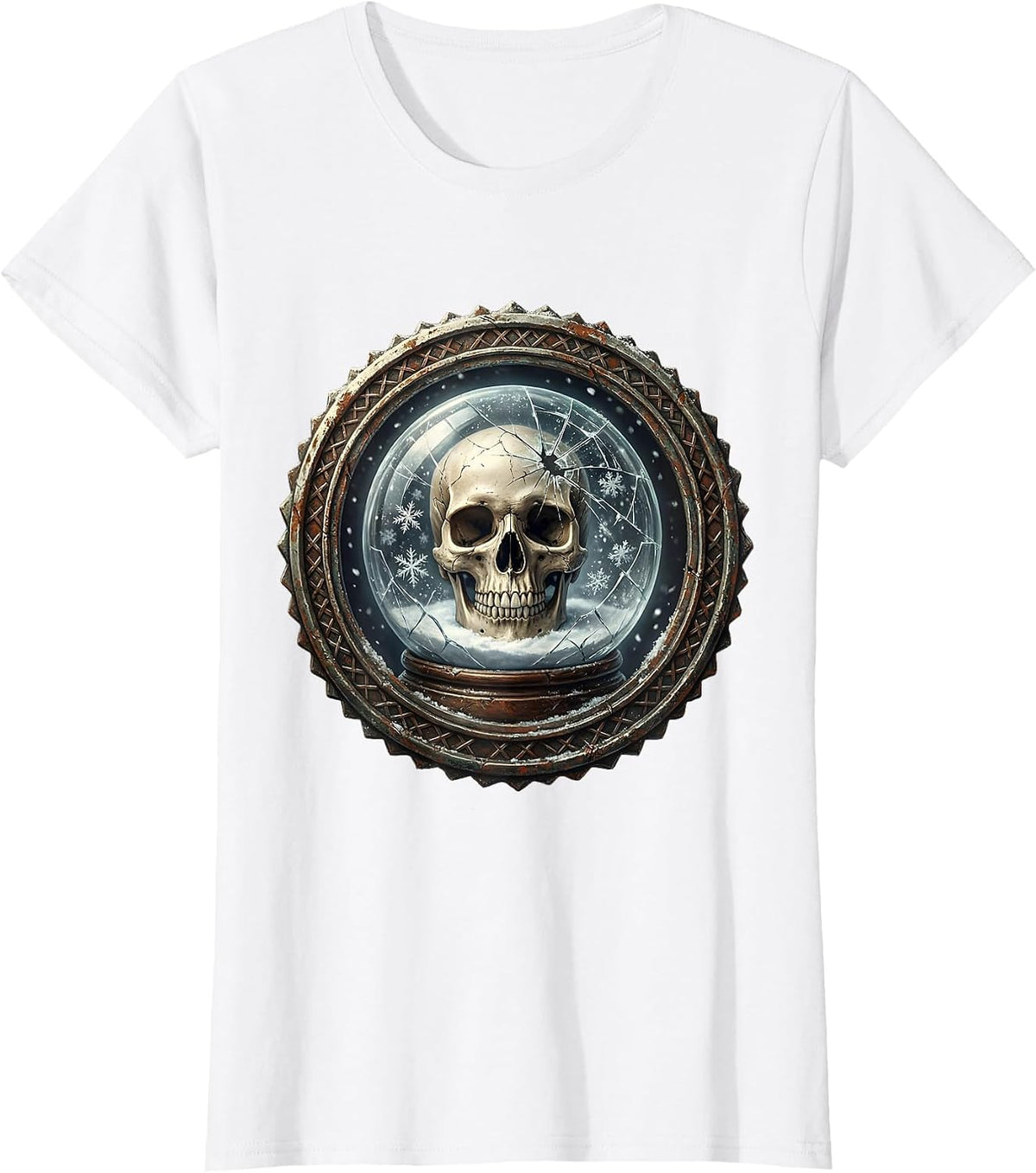 Grunge Skull Cracked Snow Globe Graphic T-Shirt - White