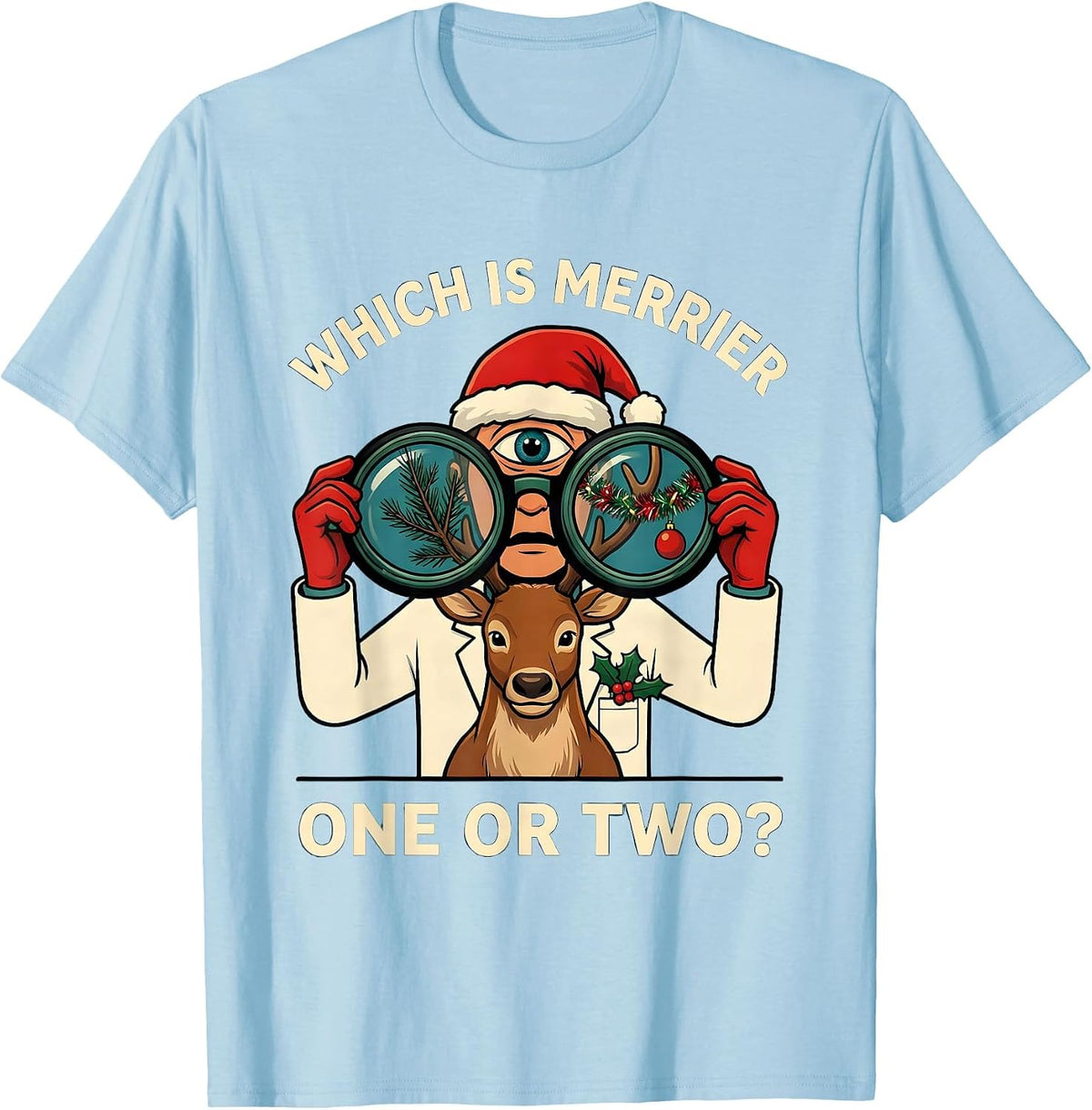 Men's Which Is Merrier, One Or Two? Funny Optometrist Christmas T-Shirt - Baby Blue
