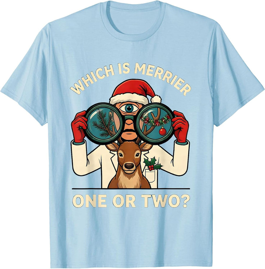 Men's Which Is Merrier, One Or Two? Funny Optometrist Christmas T-Shirt - Baby Blue