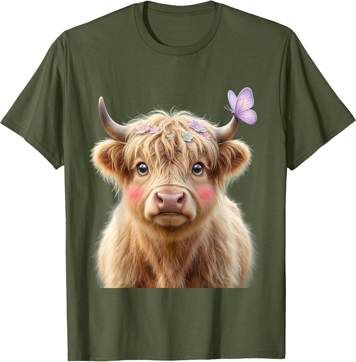 Highland Cow with Butterfly on Horn Graphic T-Shirt - Olive Green