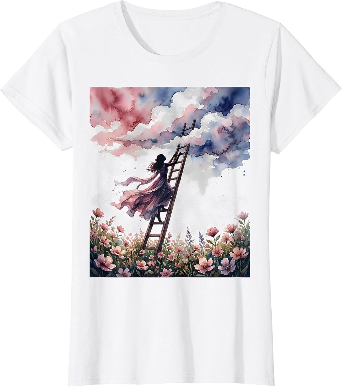 Woman Climbing Ladder Into Clouds College Art T-Shirt - White