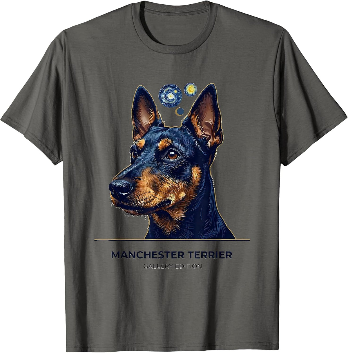 Manchester Terrier Gallery Edition Dog Breed Portrait Art T-Shirt - Asphalt Grey