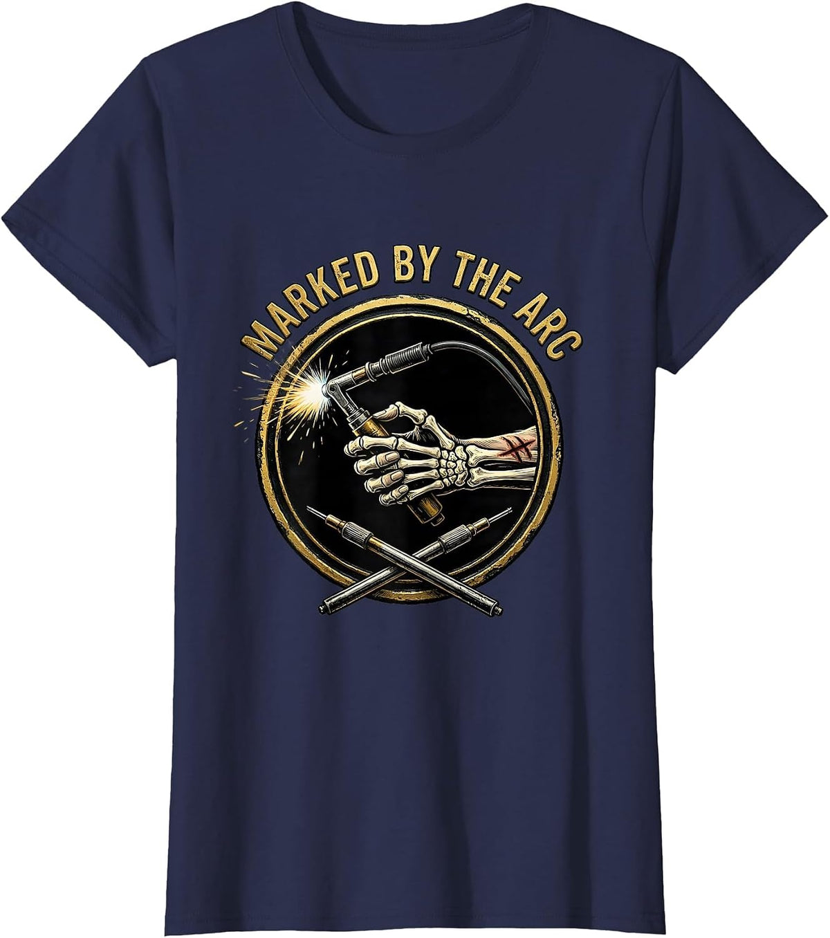 Women's Marked By The Arc Skeleton Welder Tradesman Humor T-Shirt - Navy Blue