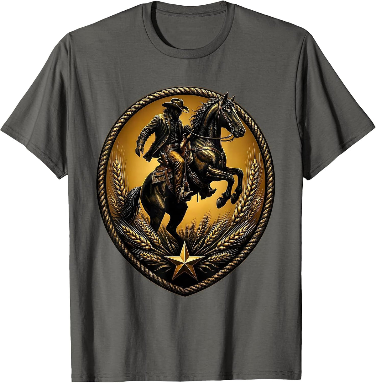 Cowboy Silhouette Riding Horse at Sunset T-Shirt - Asphalt Grey