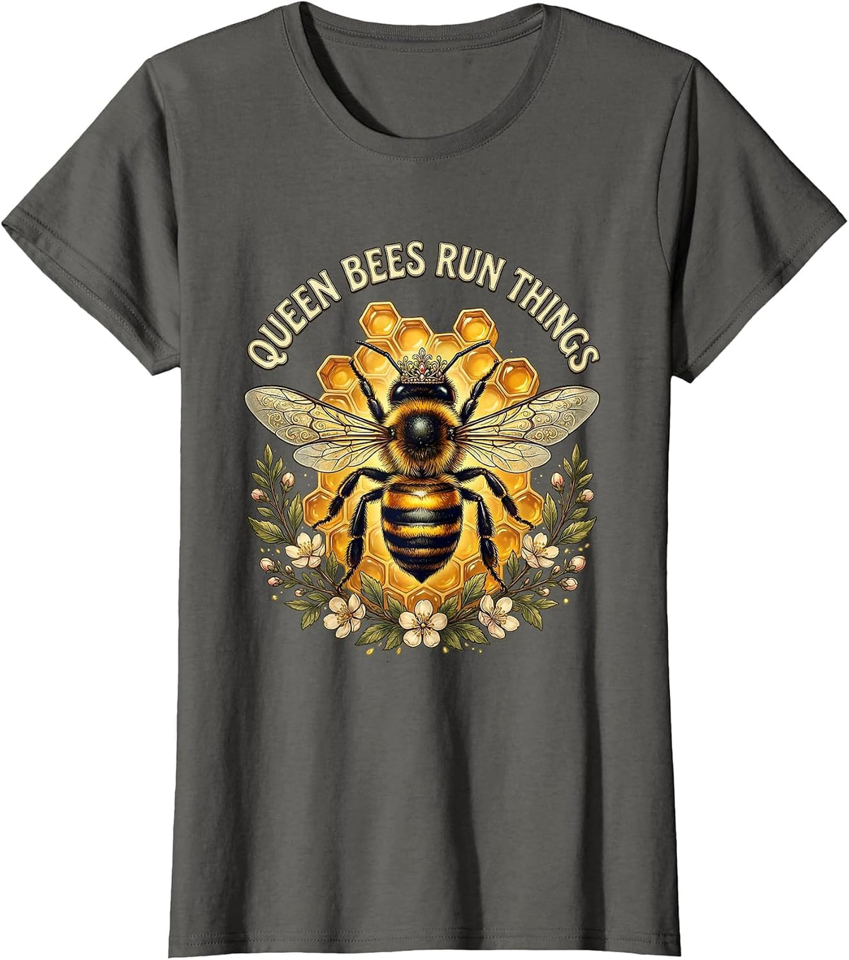 Women's Queen Bees Run Things Bold Bee Design T-Shirt - Asphalt Grey