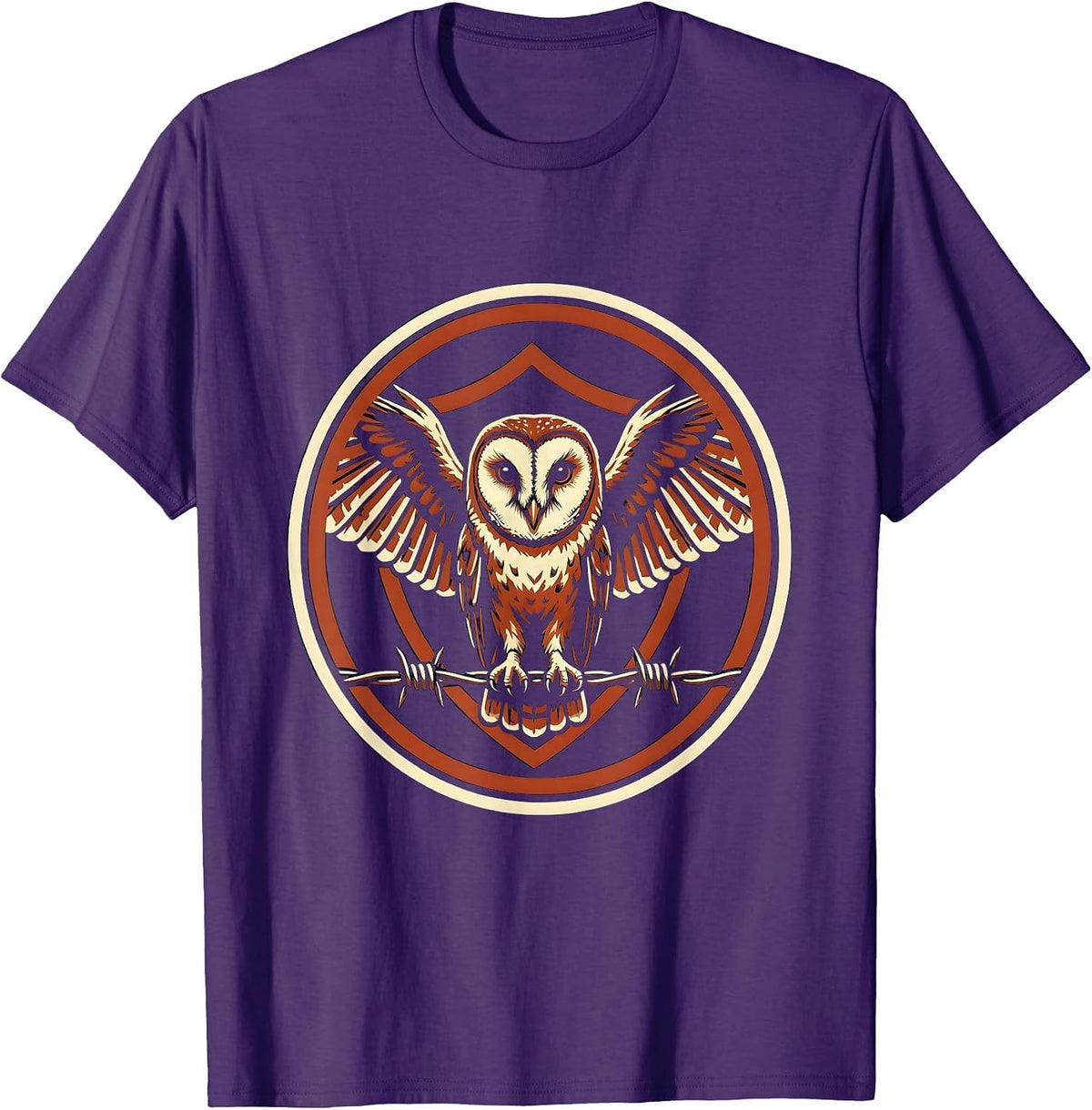 Barn Owl Perched on Barbed Wire Fence T-Shirt - Purple