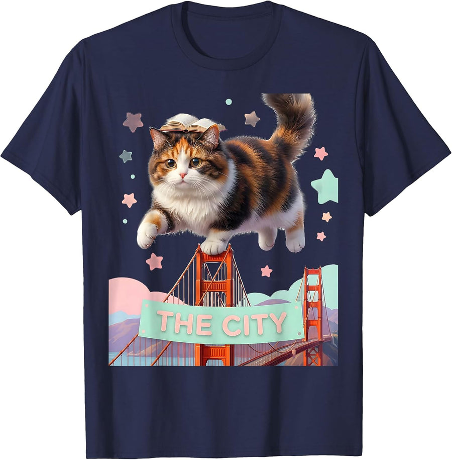 The City Cute Kawaii Cat Golden Gate Bridge Souvenir T-Shirt - Navy Blue