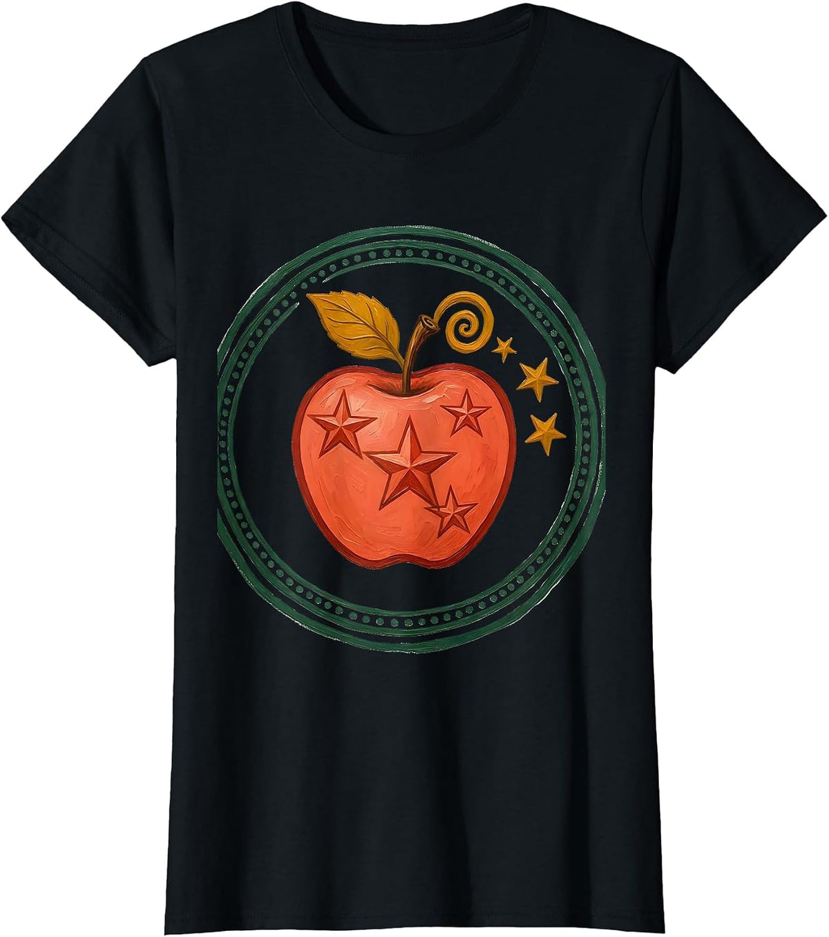 Whimsical Apple Folk Art Y2K Kawaii Grunge Teen T-Shirt - Black