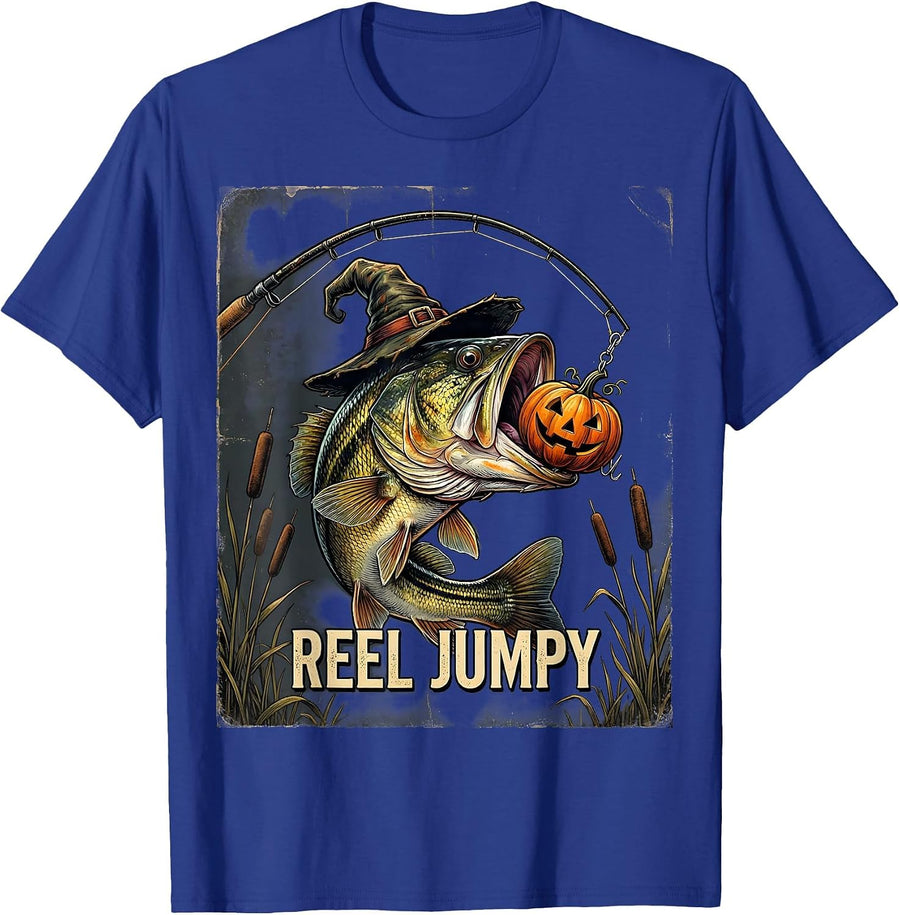 Reel Jumpy Vintage Halloween Fishing Bass Fisherman Spooky T-Shirt - Royal Blue