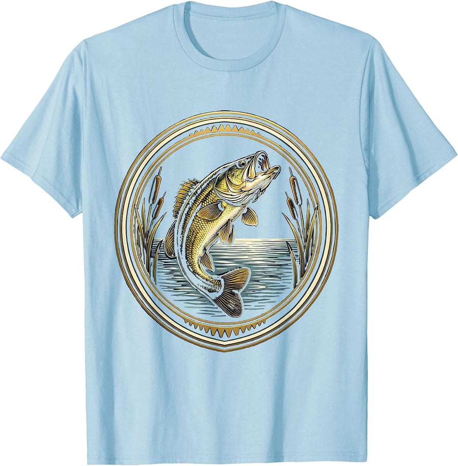 Men's Largemouth Bass Leaping From Water Fishing T-Shirt - Baby Blue